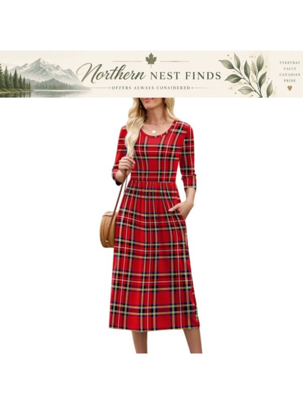 Women's 3/4 Sleeve Midi Dress Crewneck A-Line Tiered Flowy Loose Beach with